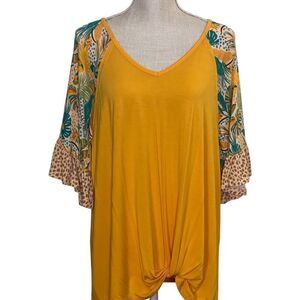 Cato Large Yellow V Neck Elbow Ruffle Sleeve Front Twist Tropical Leopard Sleeve